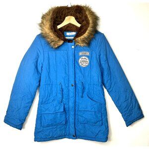 Z&I Womens Parka Winter Army Jacket Faux Fur Full Zip Snap Front Outdoors Blue M
